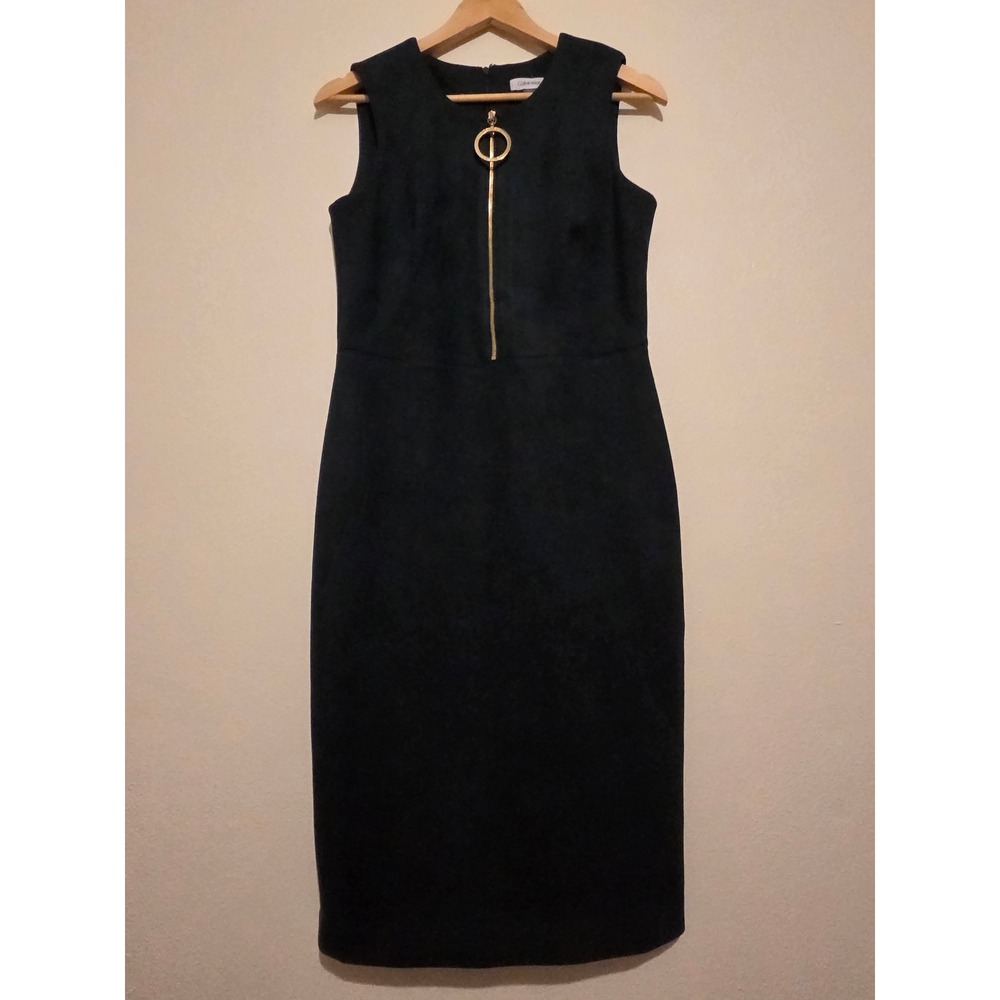 Calvin‎ Klein Green Faux Suede Sheath Dress Gold Ring Zipper Size 8 Sleeveless